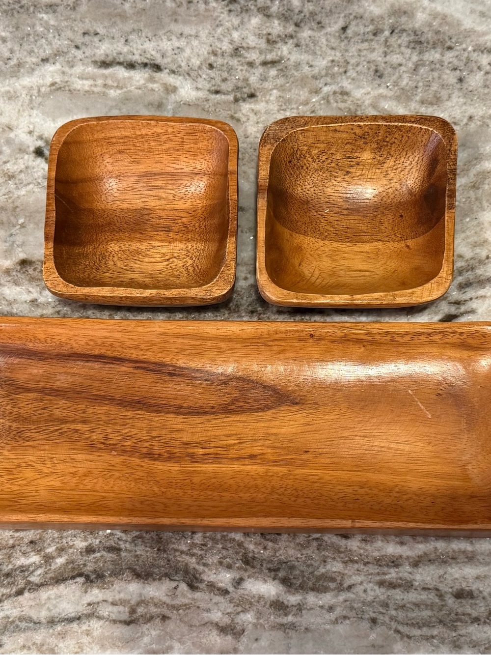3 pc Set of Monkey Pod Wood Tray & Bowls MCM Handmade in the Philippines